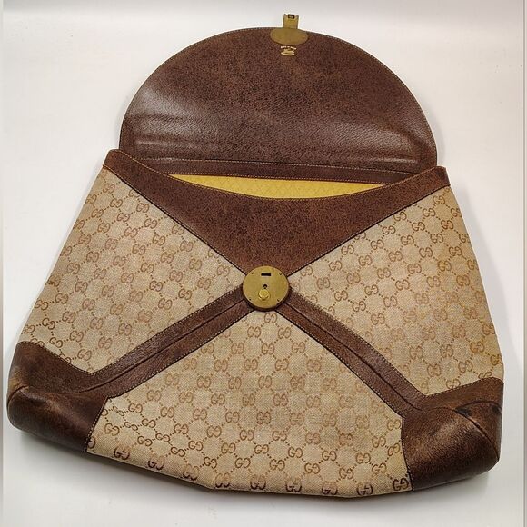 Gucci Brown Leather & Cream Logo Monogram Satchel Bag Vintage - Picture 14 of 16